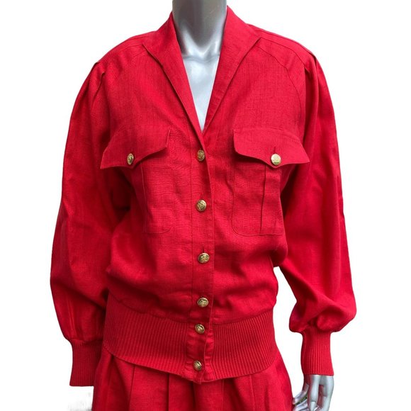 Vintage Neiman Marcus Red Linen Retro Pleated Skirt Suit 8 - Picture 4 of 12